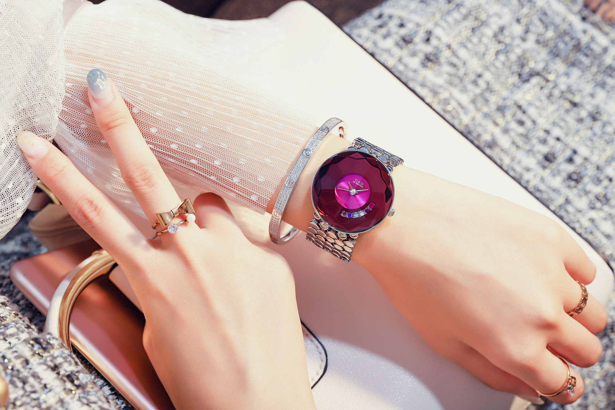 Famous Luxury Brand Crystal Diamond Stainless Steel Ladies Purple Watches for Woman Wristwatch