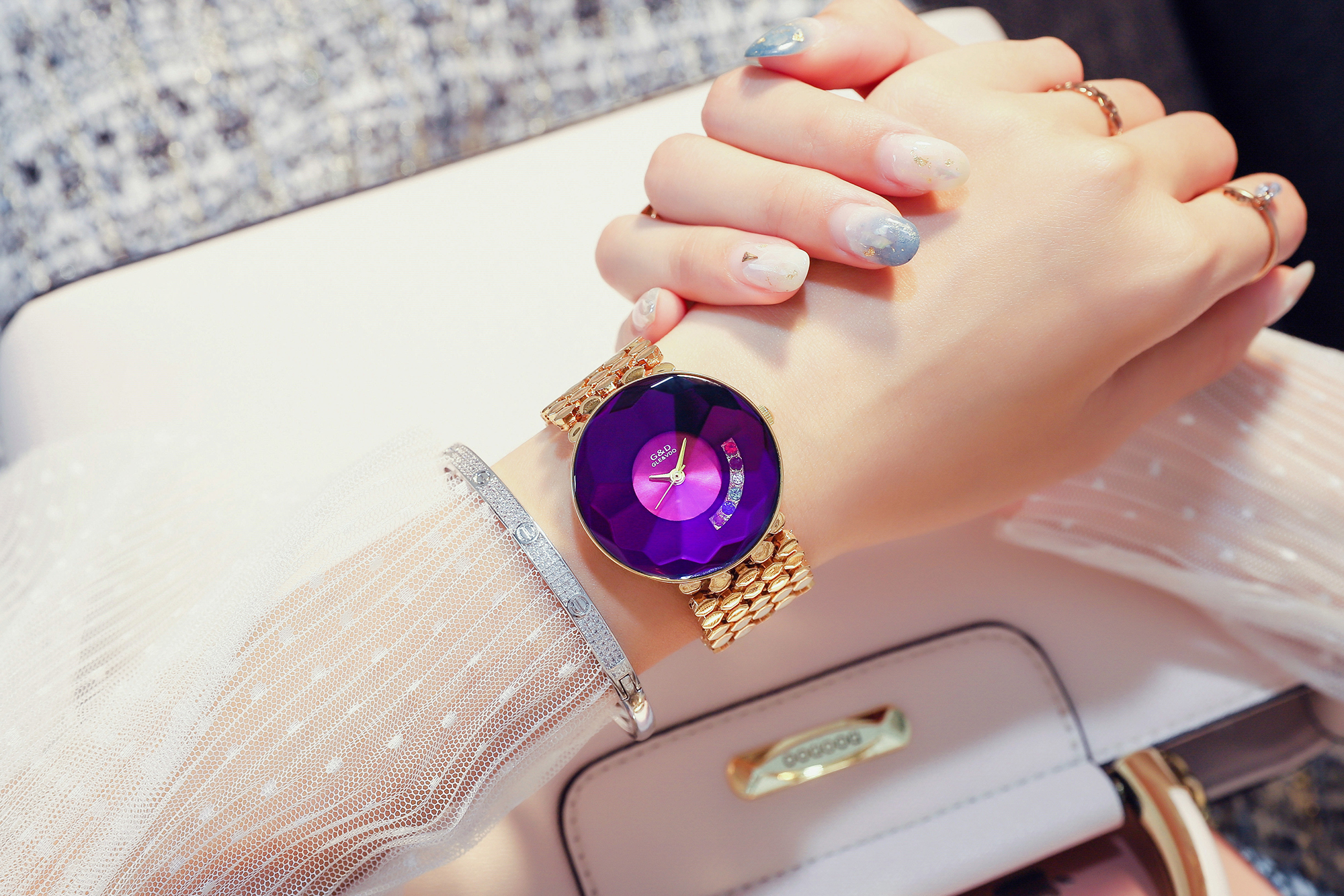 Famous Luxury Brand Crystal Diamond Stainless Steel Ladies Purple Watches for Woman Wristwatch