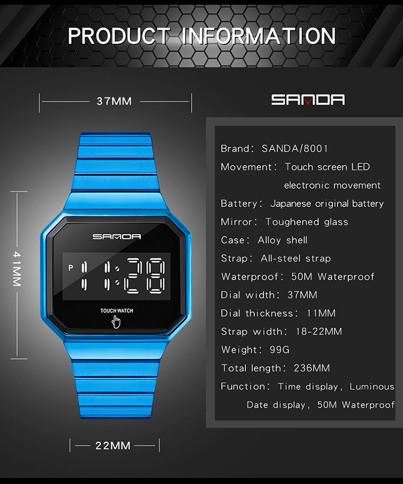 SANDA Electronic Watch New Fashion For Men And Women LED Light touch Square Screen Waterproof
